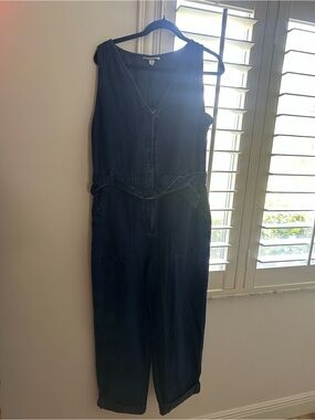 Belted Dark Blue Denim Jumpsuit - Sleeveless Women Jeans Jumpsuit